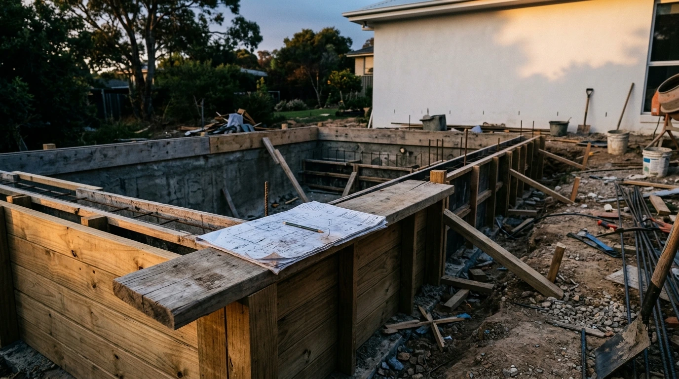 Bassin en construction vu depuis le côté ombragé, en fin de journée