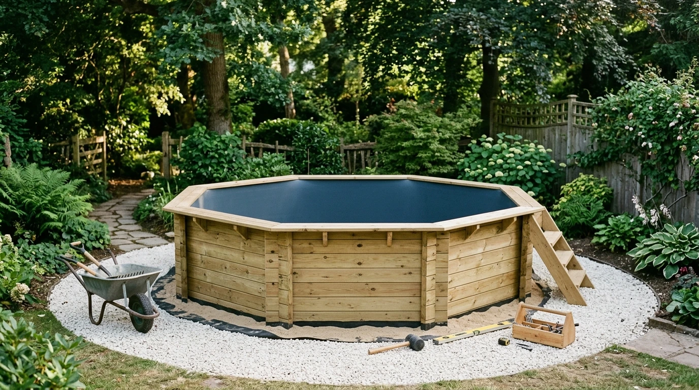 Piscine hors sol en bois posée sur une plateforme réglée et compactée