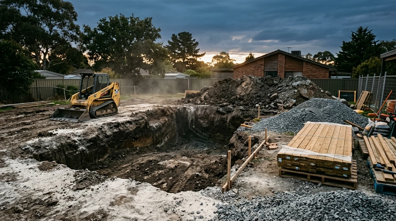 Chantier de piscine bois sur mesure, terrassement en cours