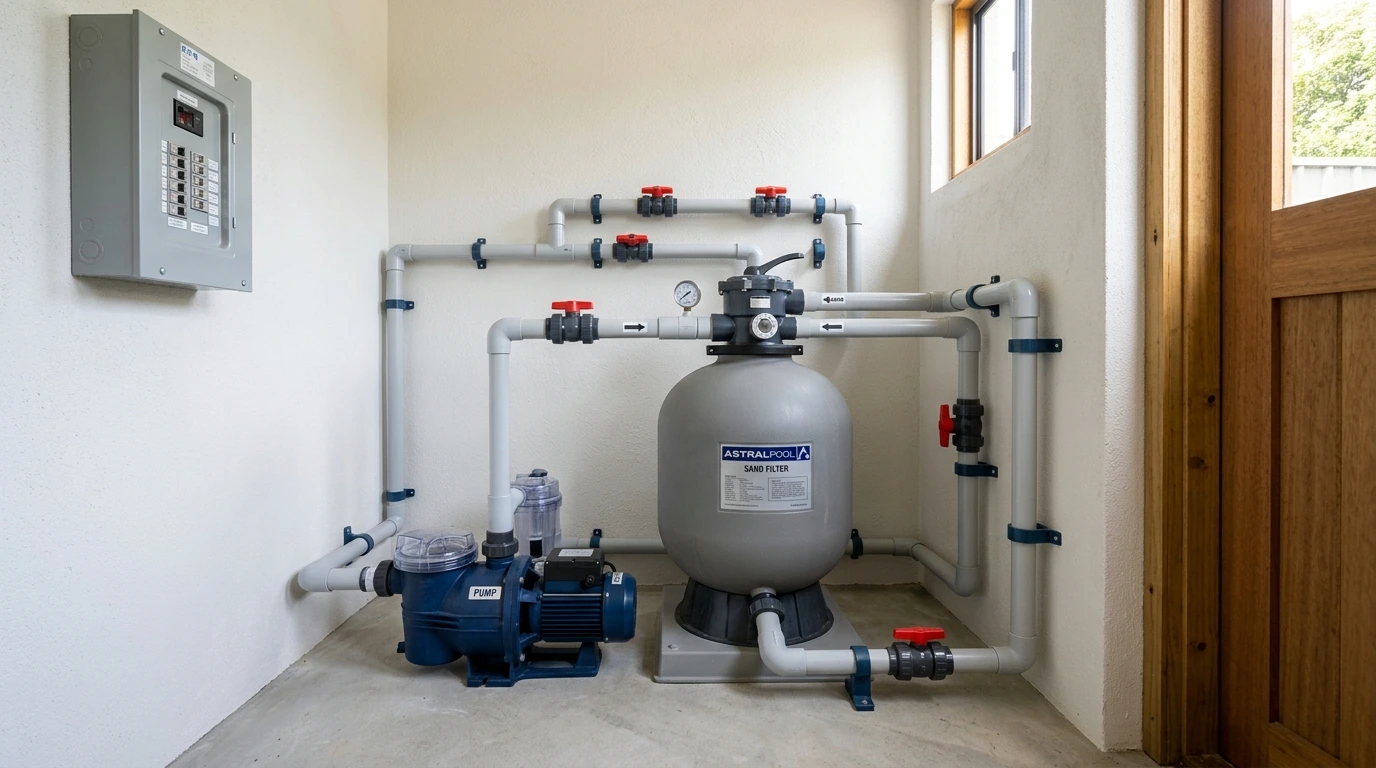 Local technique de piscine, filtration et raccordements hydrauliques