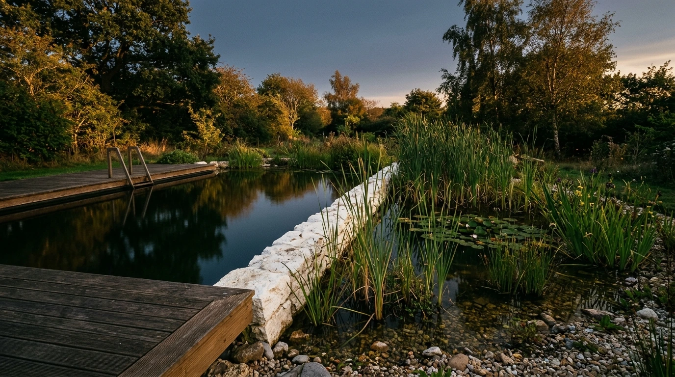 Bassin de baignade naturelle et sa zone de lagunage plantée