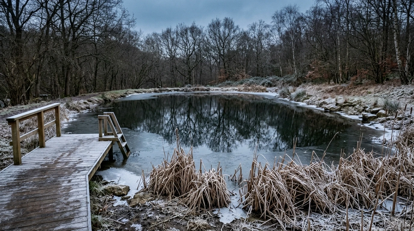 Bassin naturel en hiver, surface partiellement gelée