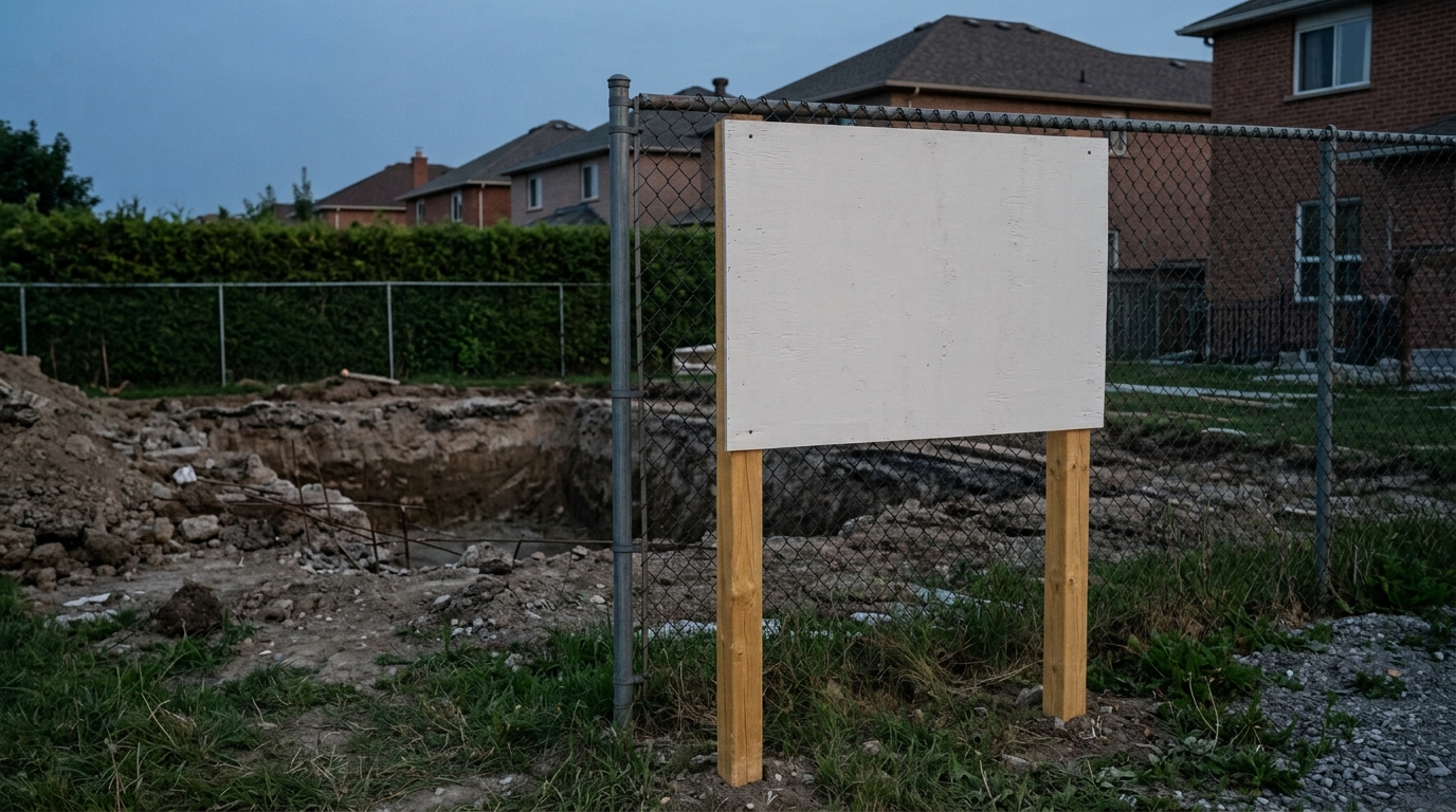 Panneau d’affichage réglementaire de chantier devant un bassin en construction