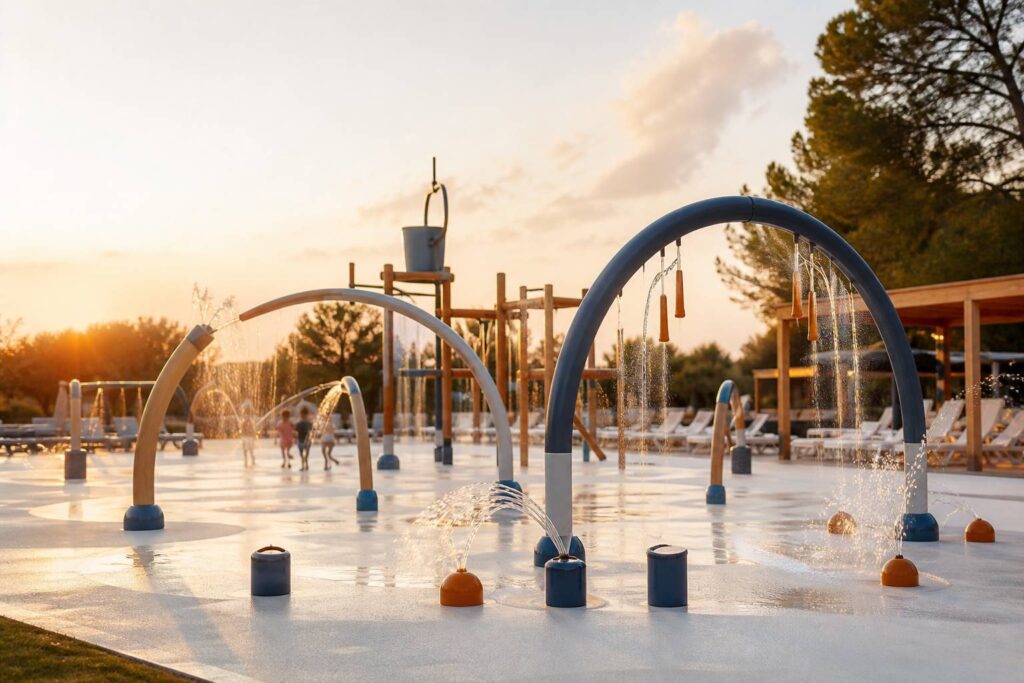 Aire de jeux d'eau moderne avec arches et jets d'eau sur sol antidérapant clair en fin de journée