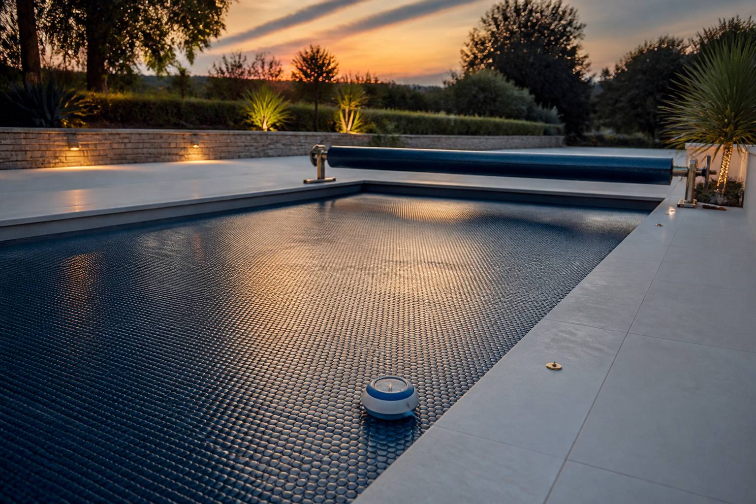 Bâche de piscine déroulée sur le bassin au crépuscule