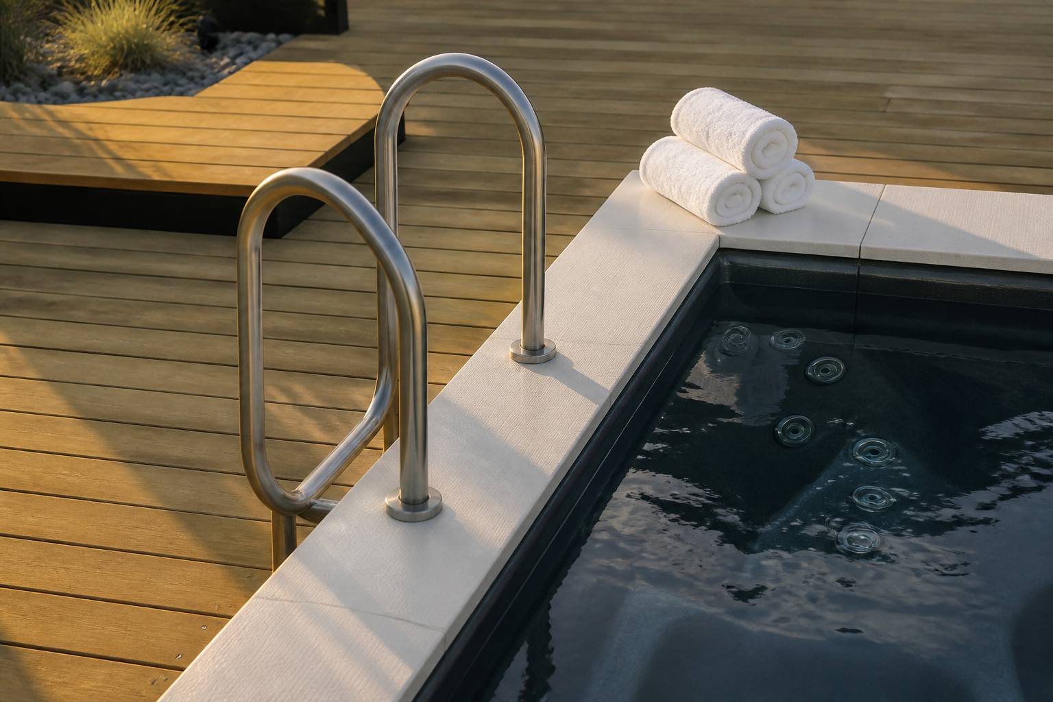Bord de spa avec jets d'hydromassage, margelle en composite et serviettes épaisses
