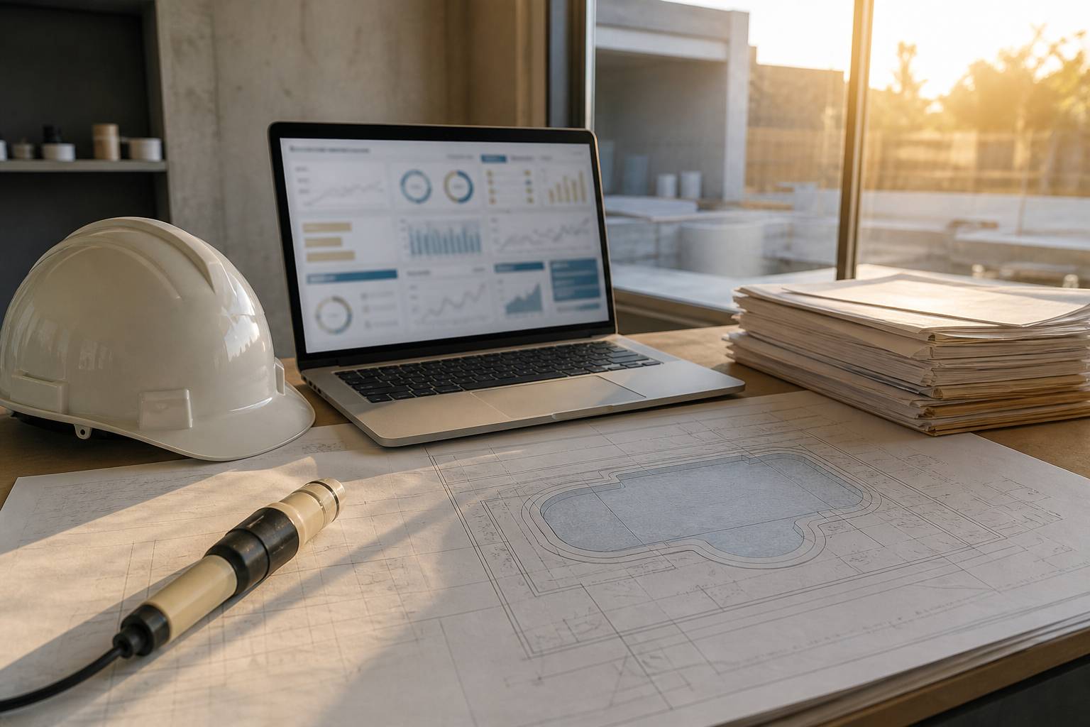 Bureau de chantier avec ordinateur plans et factures de piscine