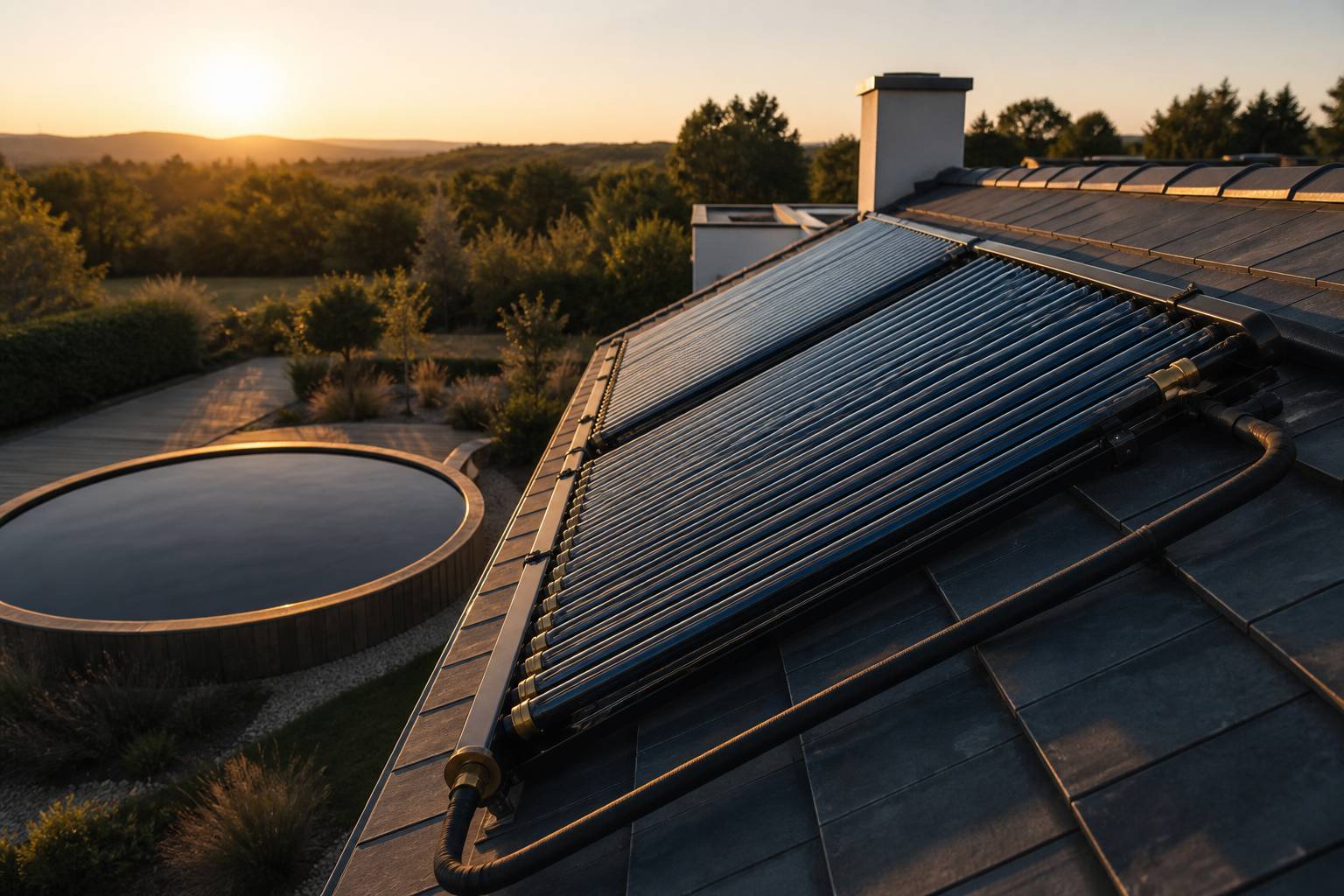 Capteurs solaires installés sur un toit pour chauffer une piscine