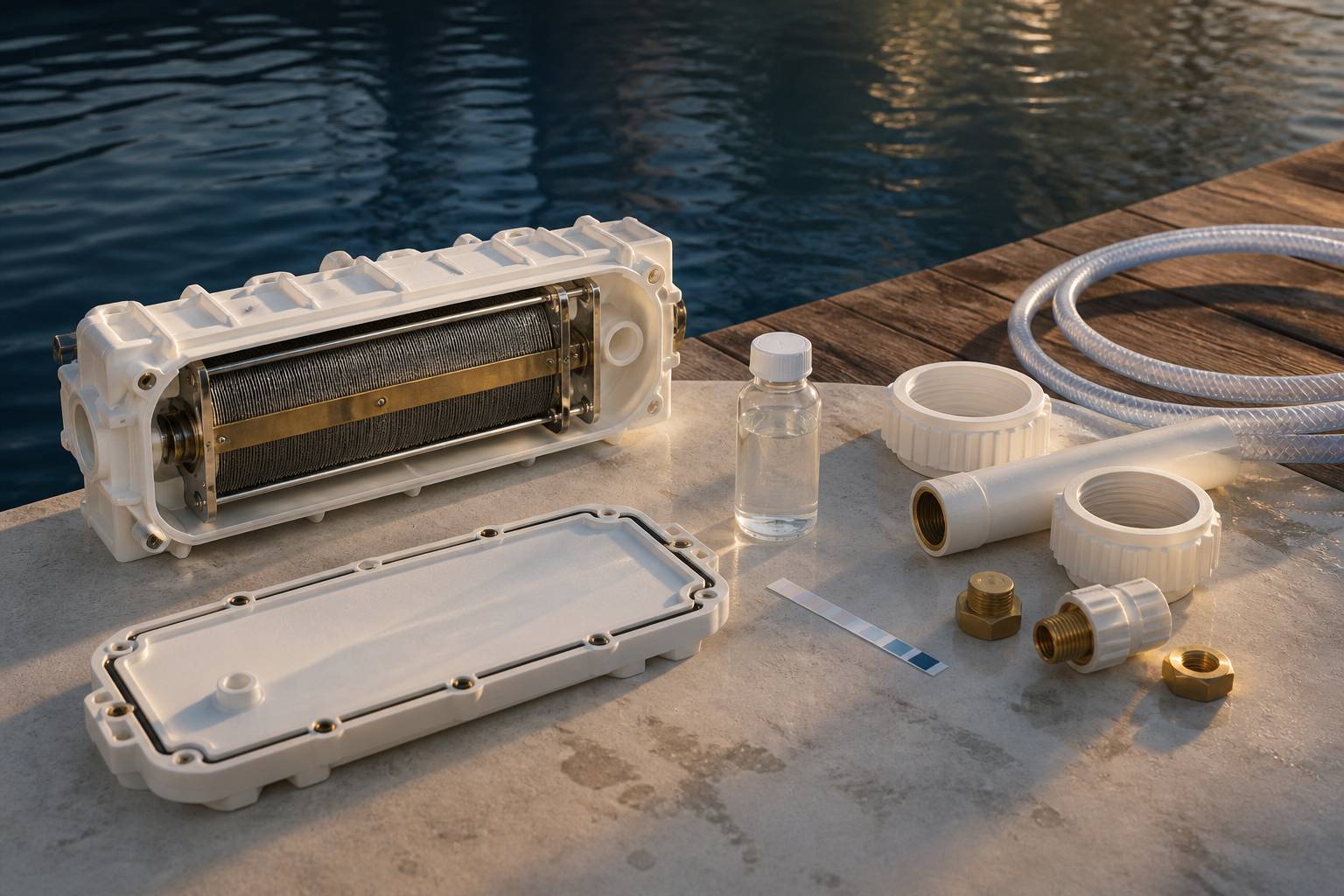 Cellule d'électrolyseur au sel près d'un bassin de piscine