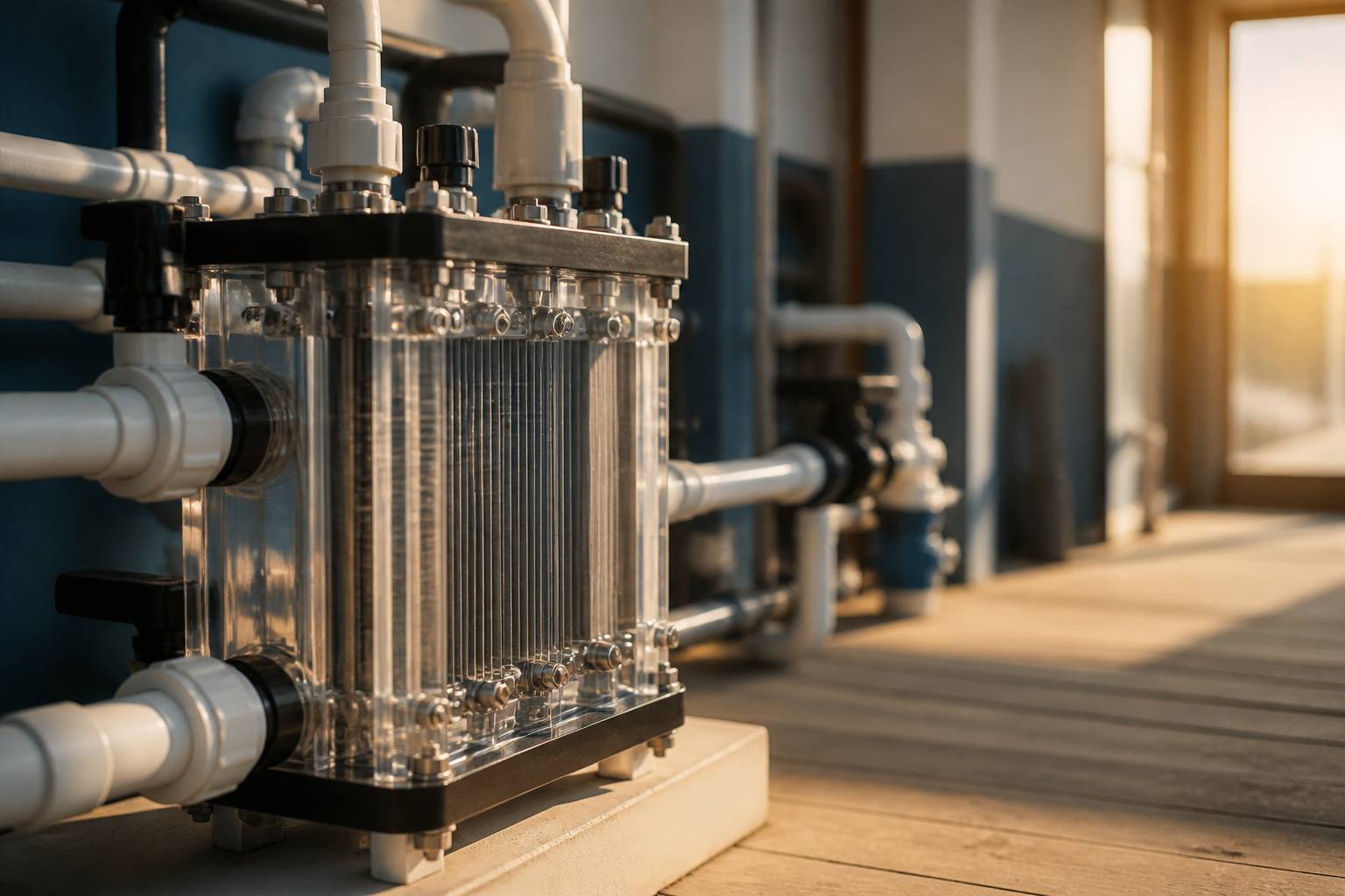 Cellule d'électrolyse au sel avec des tuyaux et raccords dans un local technique