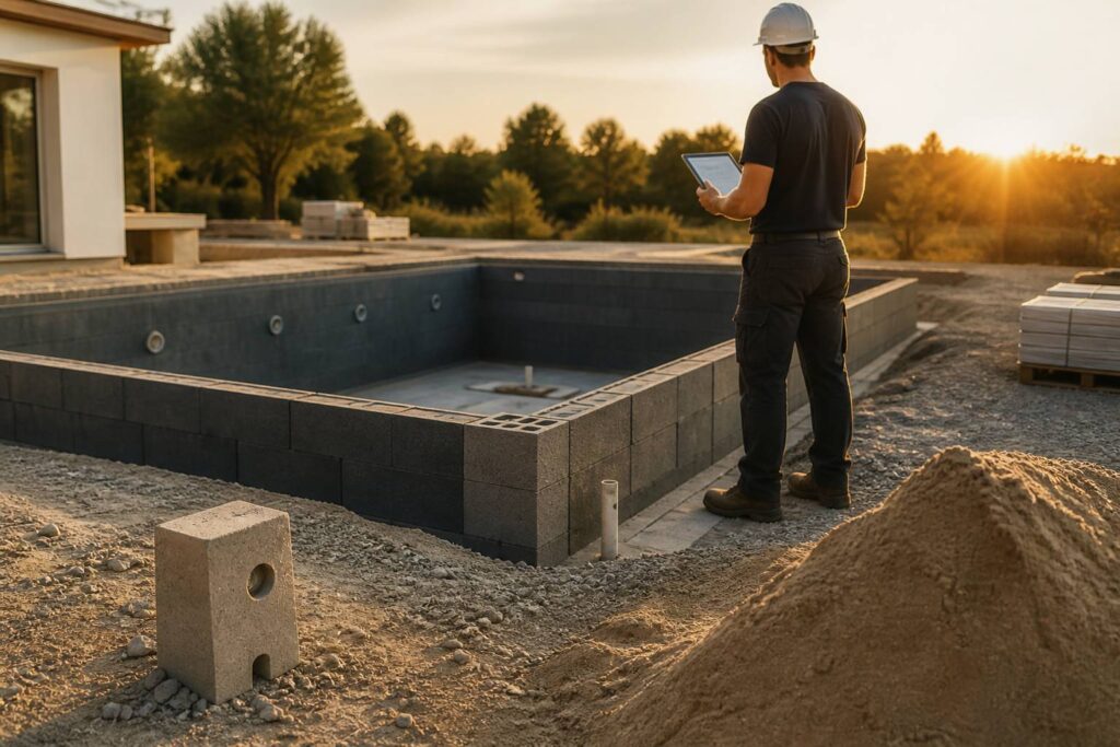Chantier de piscine en cours avec un professionnel consultant des plans
