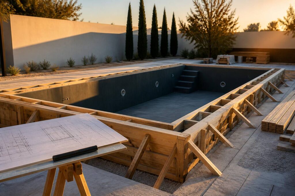 Tablette avec des plans posée près d'un chantier de piscine