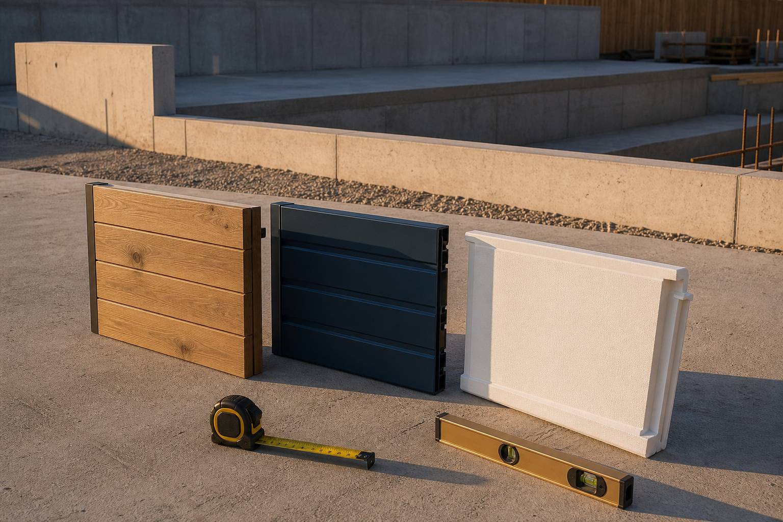 Échantillons de piscine bois acier et coque posés sur un chantier