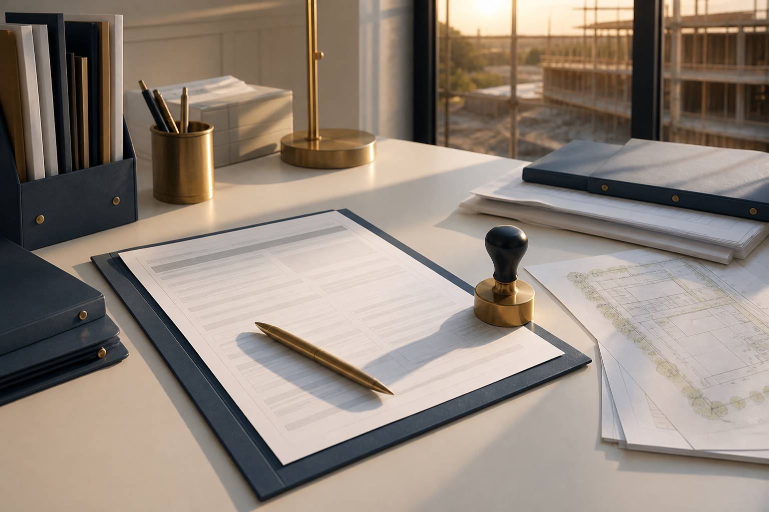Formulaire administratif et plan sur un bureau