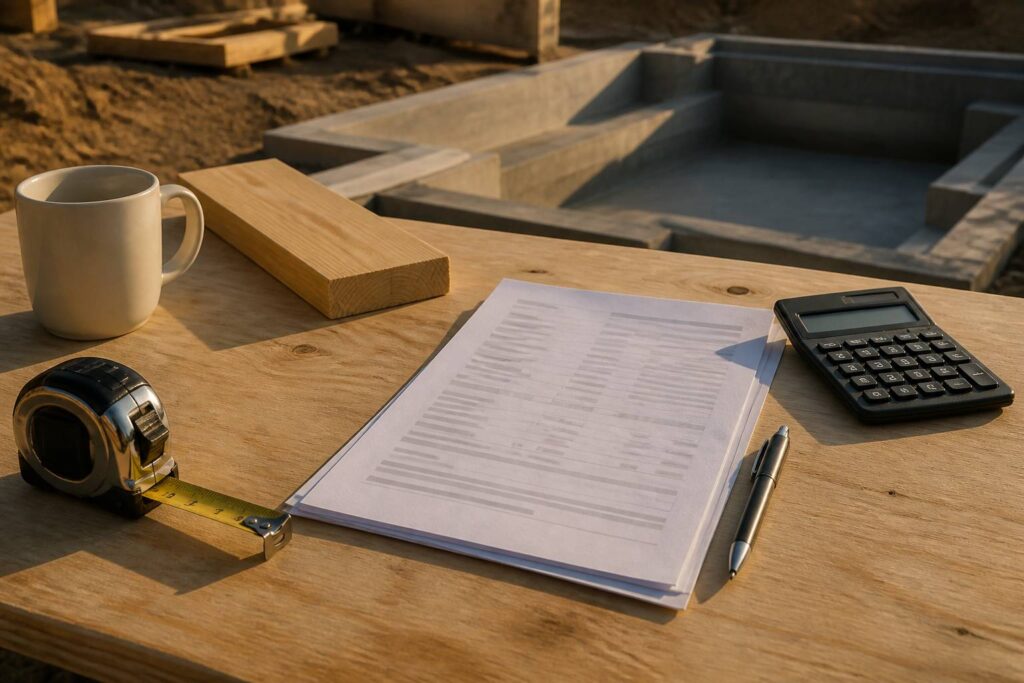 Devis de construction de piscine avec calculatrice et stylo sur une table