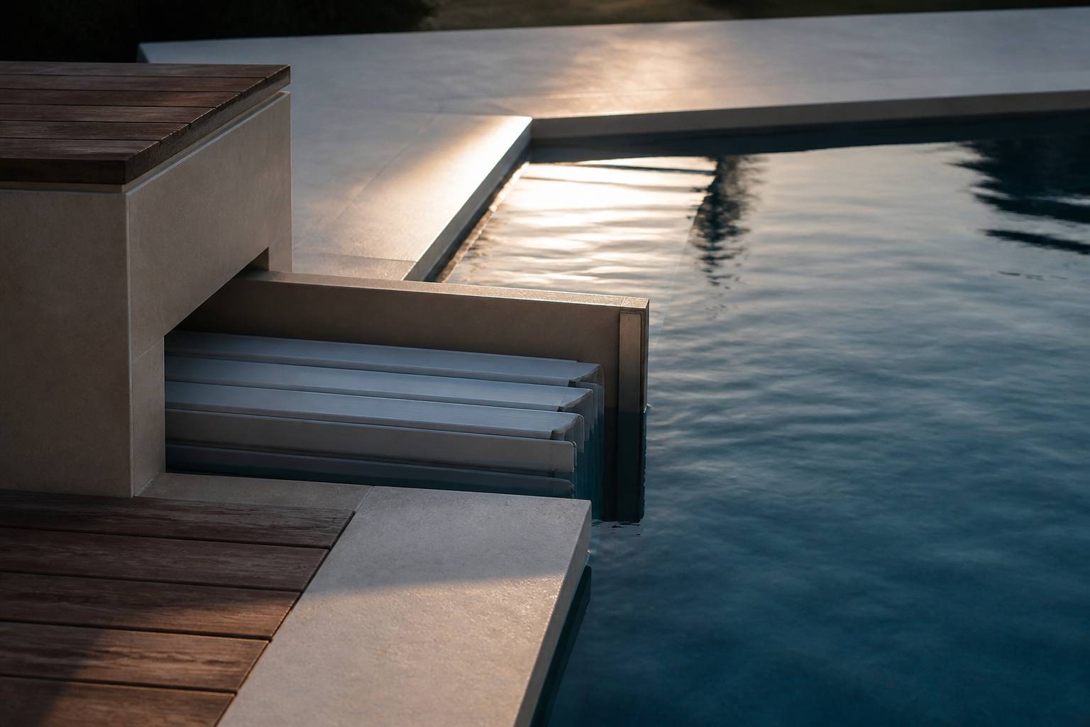 Lames flottantes d'une couverture de piscine repliées dans l'escalier du bassin