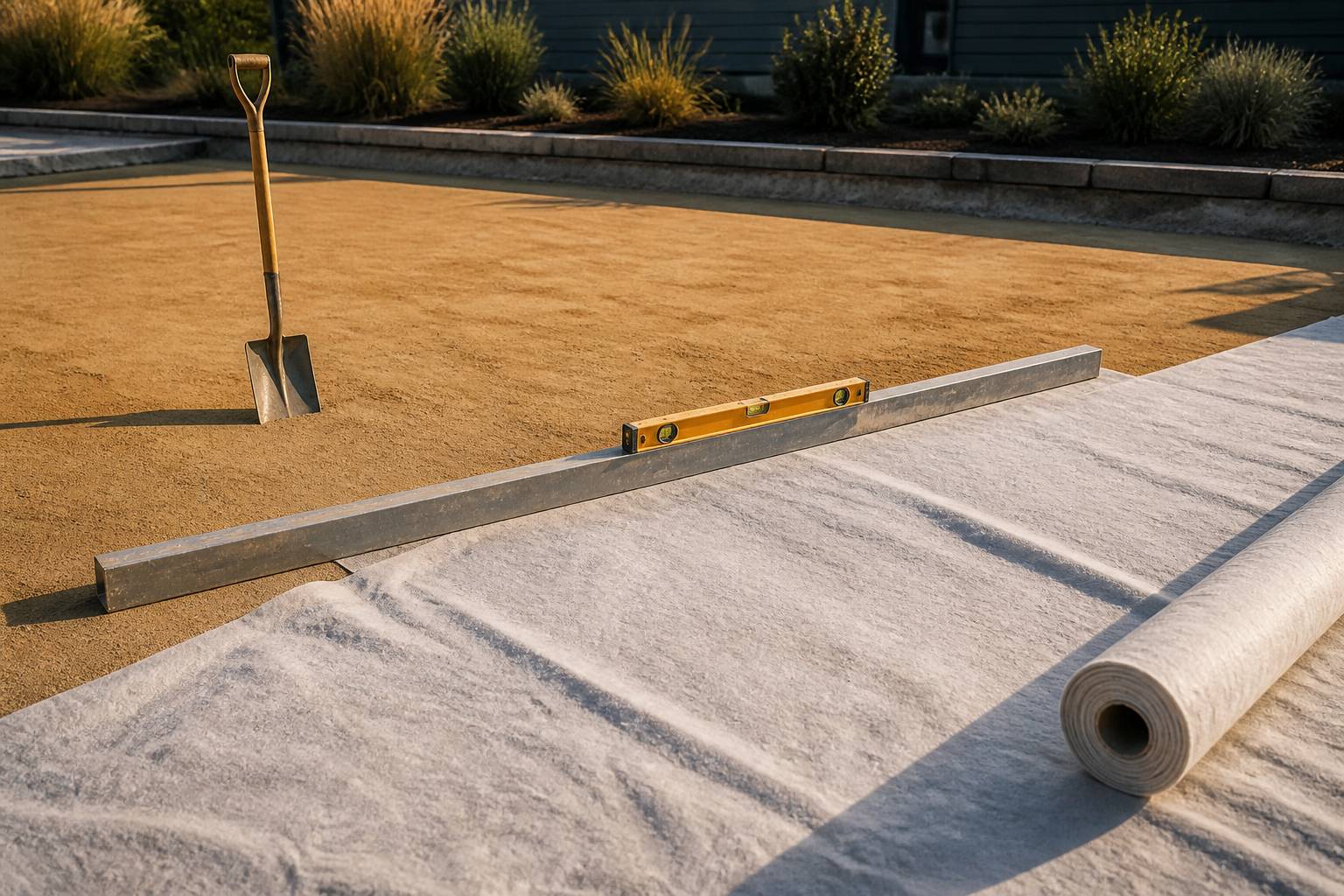 Lit de sable compacté et feutre géotextile sous une piscine