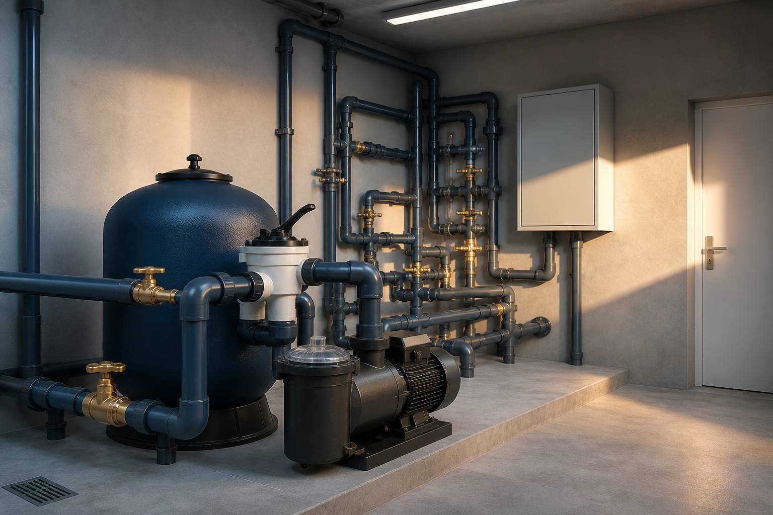 Intérieur de local technique de piscine avec filtre et pompe