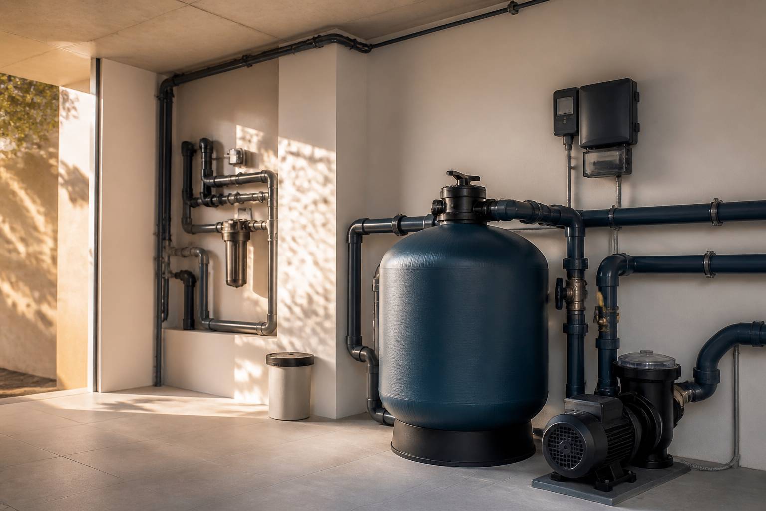 Module de filtration et de traitement d'eau dans un local technique de piscine propre