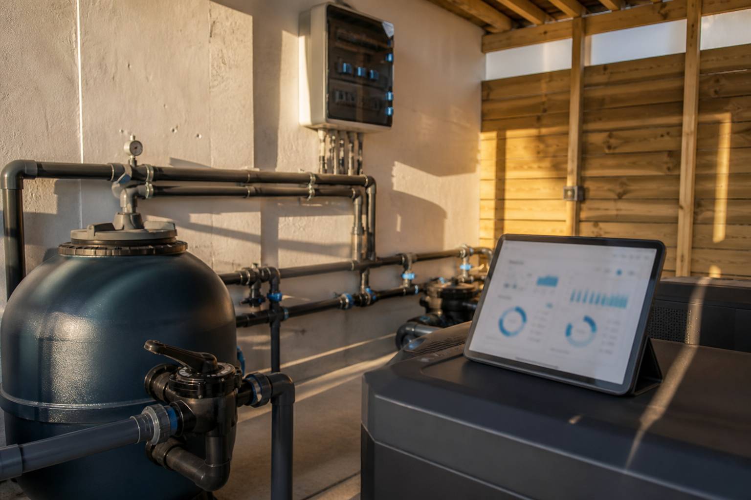 Tablette avec des données techniques près d'un local piscine
