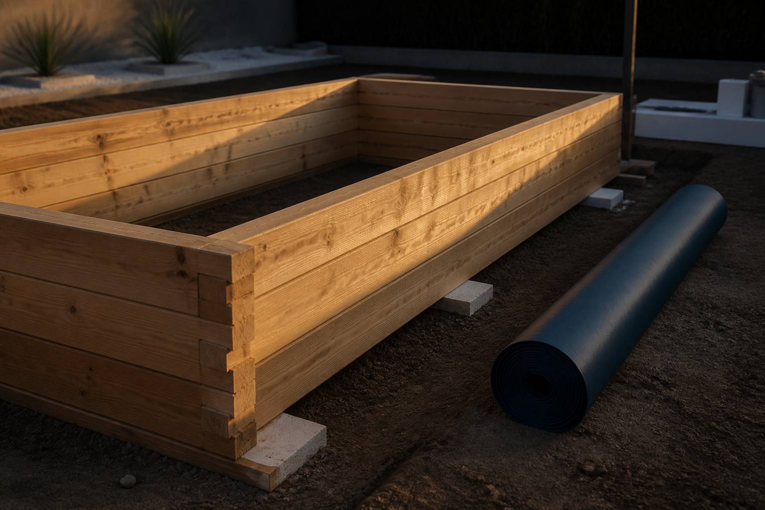 Structure en madriers de bois d'une piscine enterrée en cours d'installation