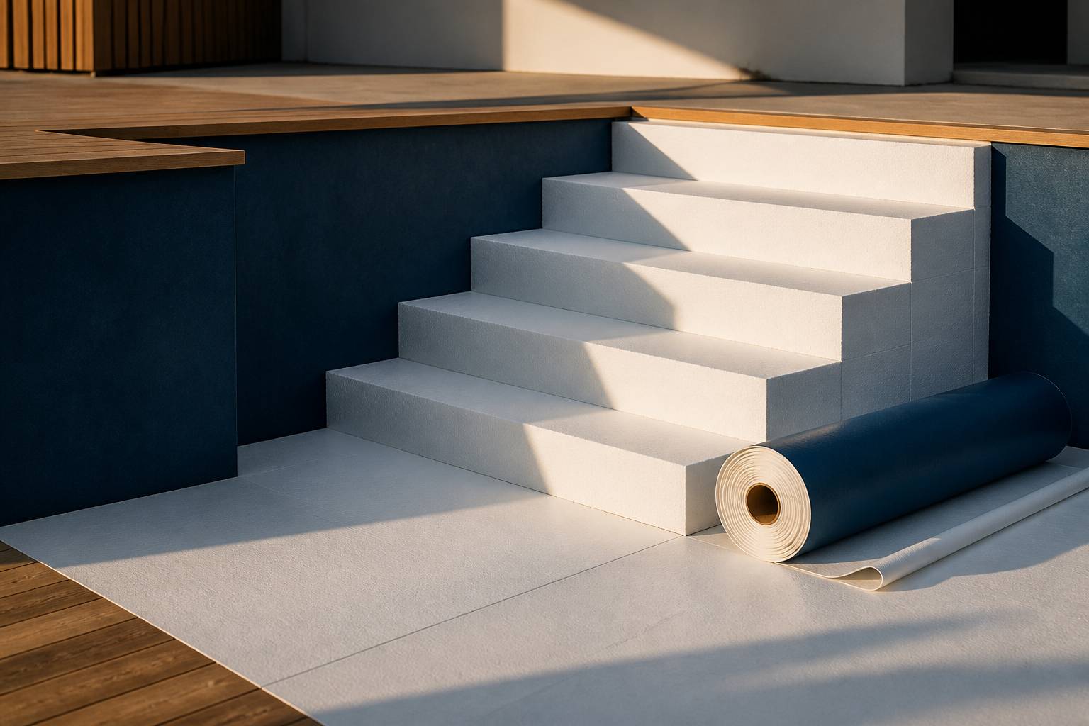 Marches d'escalier de piscine en mousse alignées dans le bassin avec rouleau de liner