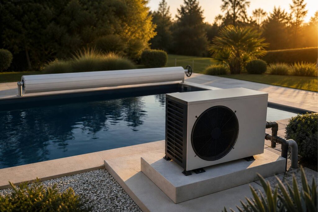Pompe à chaleur installée à côté d'une piscine hors sol