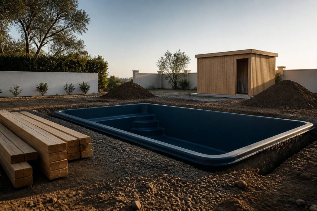 Coque de piscine 6x4 posée dans une excavation de jardin
