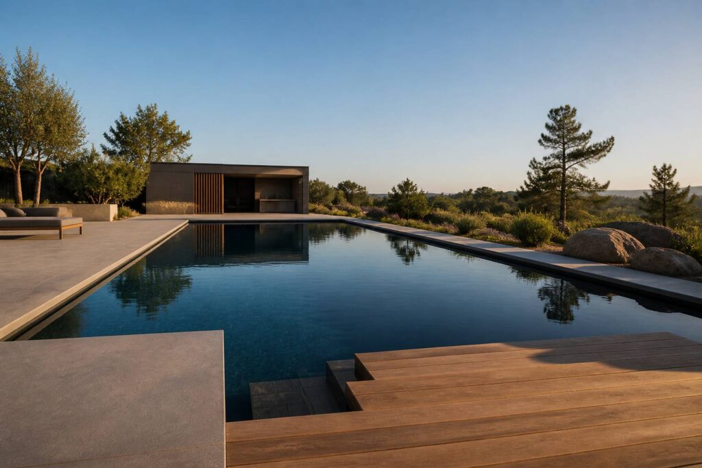 Piscine à l'eau turquoise claire avec un local technique moderne en arrière-plan