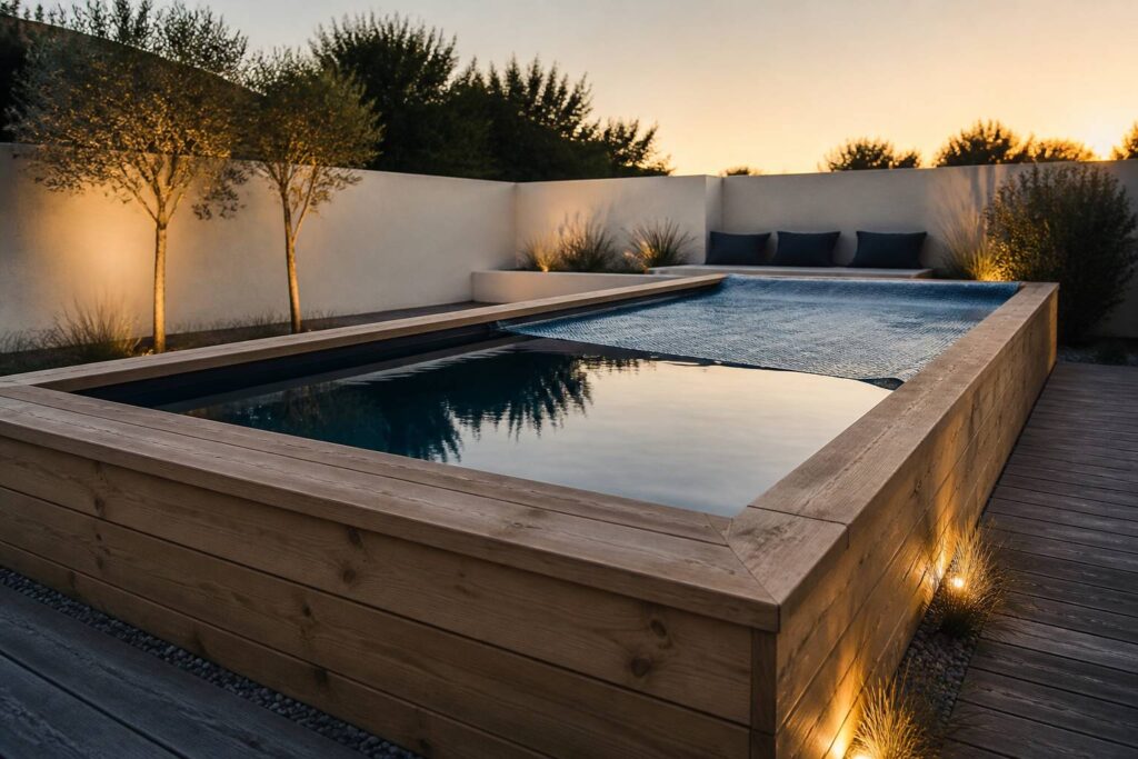 Piscine en bois au crépuscule avec une bâche à bulles partiellement posée sur l'eau