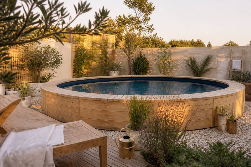 Piscine hors sol en bois avec eau bleu ardoise dans un jardin