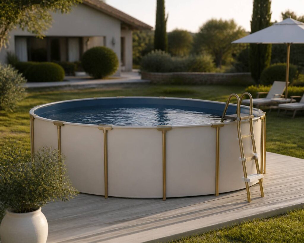 Piscine hors sol ronde installée dans un jardin