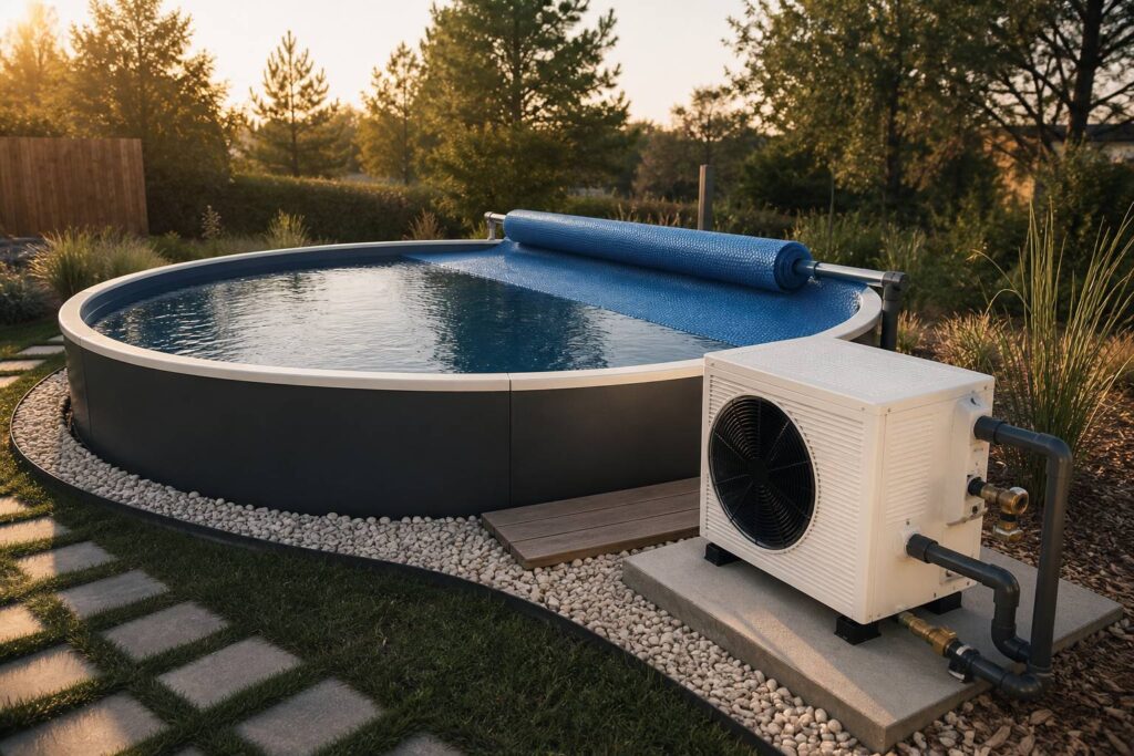 Piscine hors sol avec pompe à chaleur installée à côté