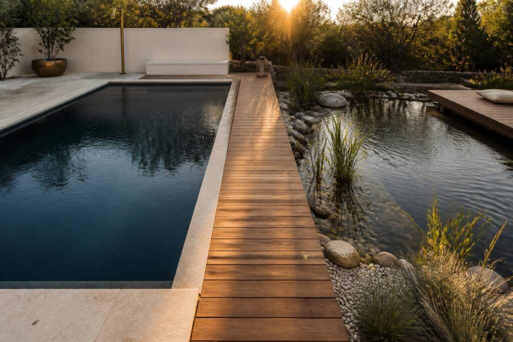 Bassin classique et piscine naturelle côte à côte dans un jardin
