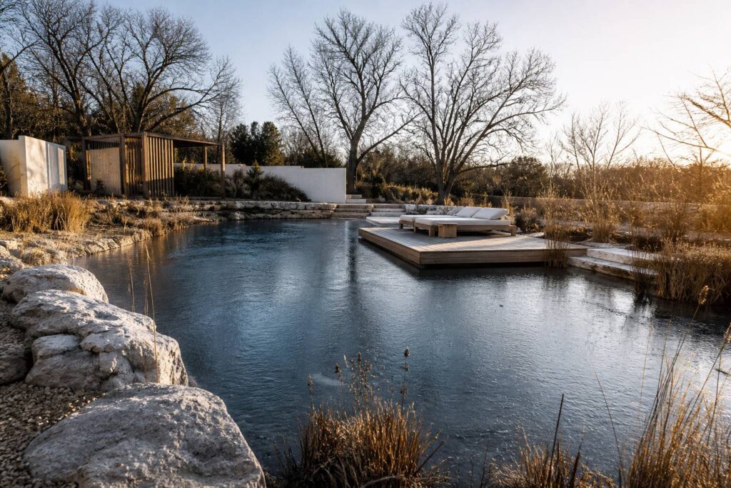 Piscine naturelle en hiver avec surface gelée et plantes dormantes