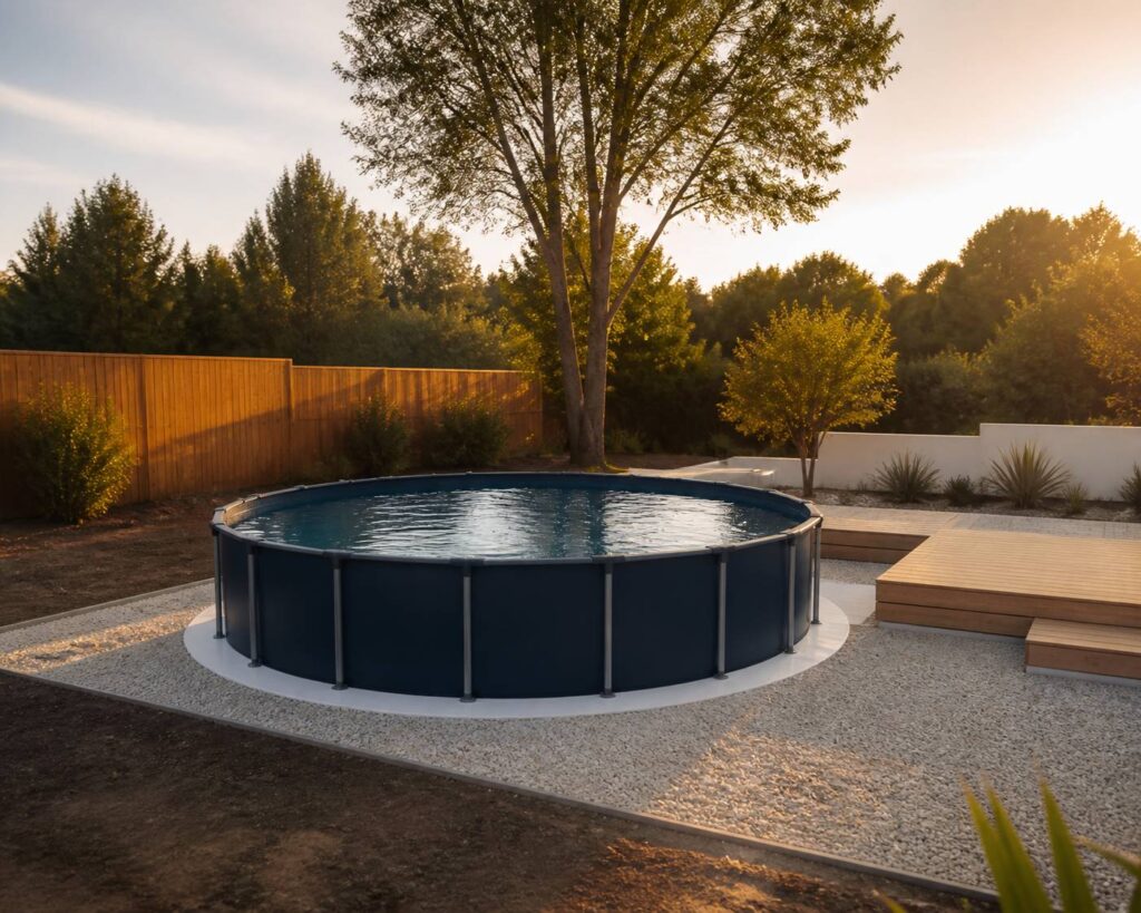 Piscine tubulaire ronde installée dans un jardin sur un sol préparé