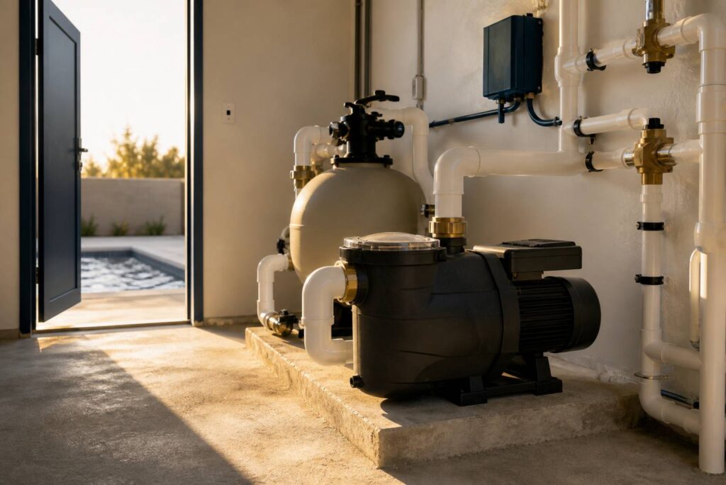 Pompe de filtration à vitesse variable dans un local technique de piscine
