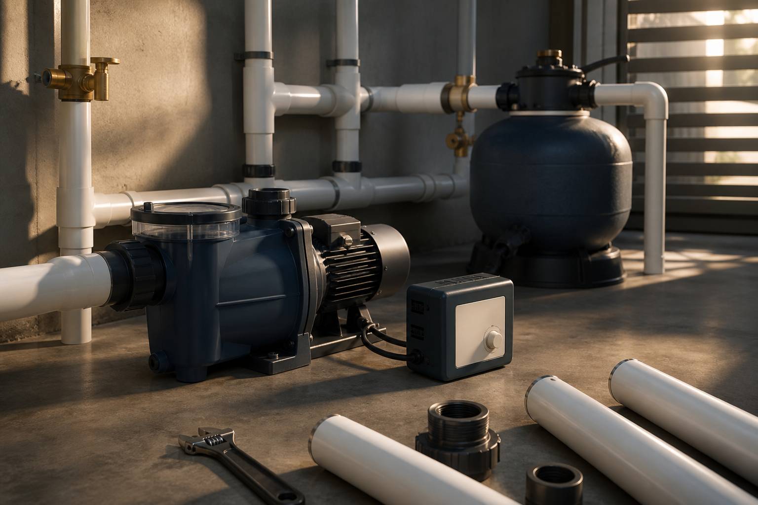 Pompe de filtration avec variateur et raccords dans un local technique