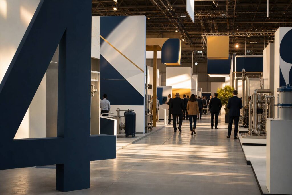 Allée d'un salon professionnel de l'eau avec des stands d'exposition et des visiteurs