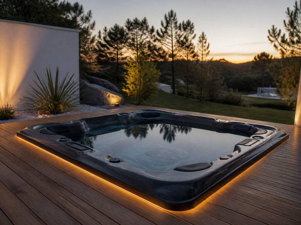 Spa de luxe en coque composite installé sur une terrasse en bois en fin de journée