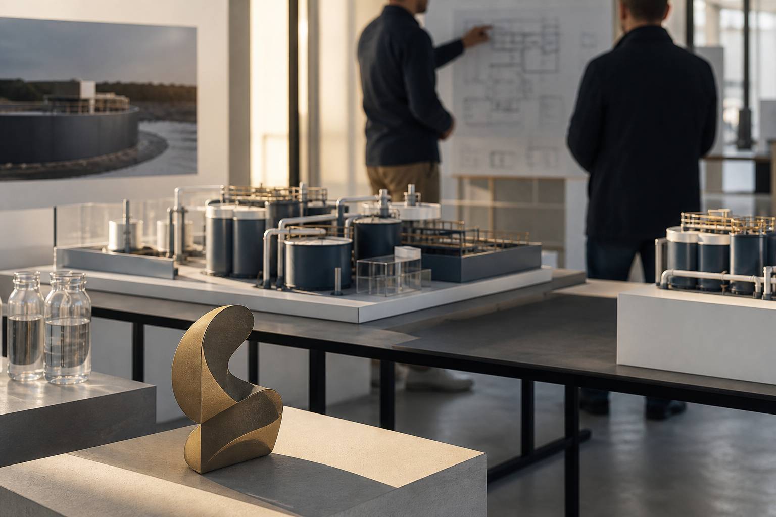 Stand d'exposition sur le traitement de l'eau avec des maquettes techniques et des visiteurs