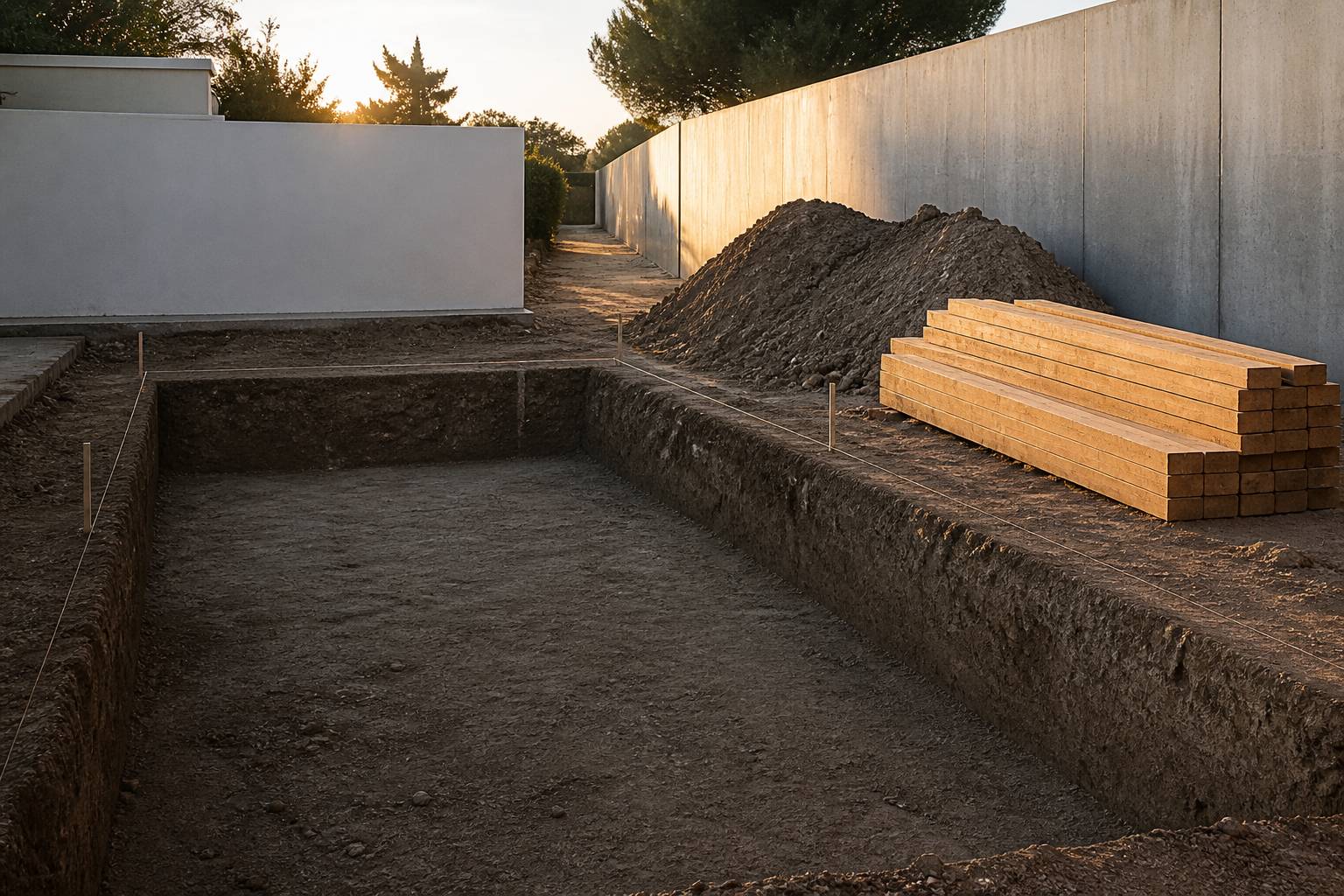 Terrassement de piscine avec tas de terre et accès de chantier