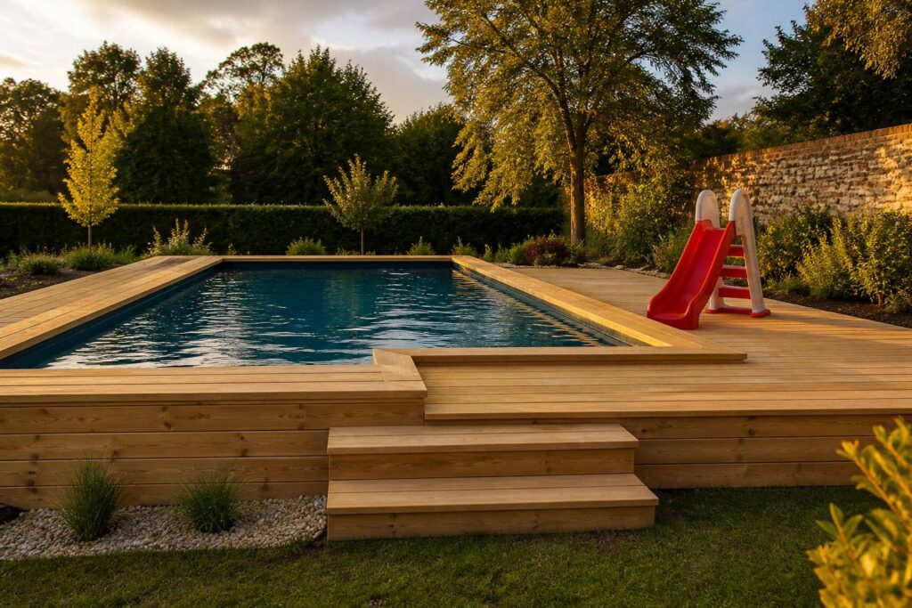 Toboggan compact près d'une piscine en bois dans un jardin