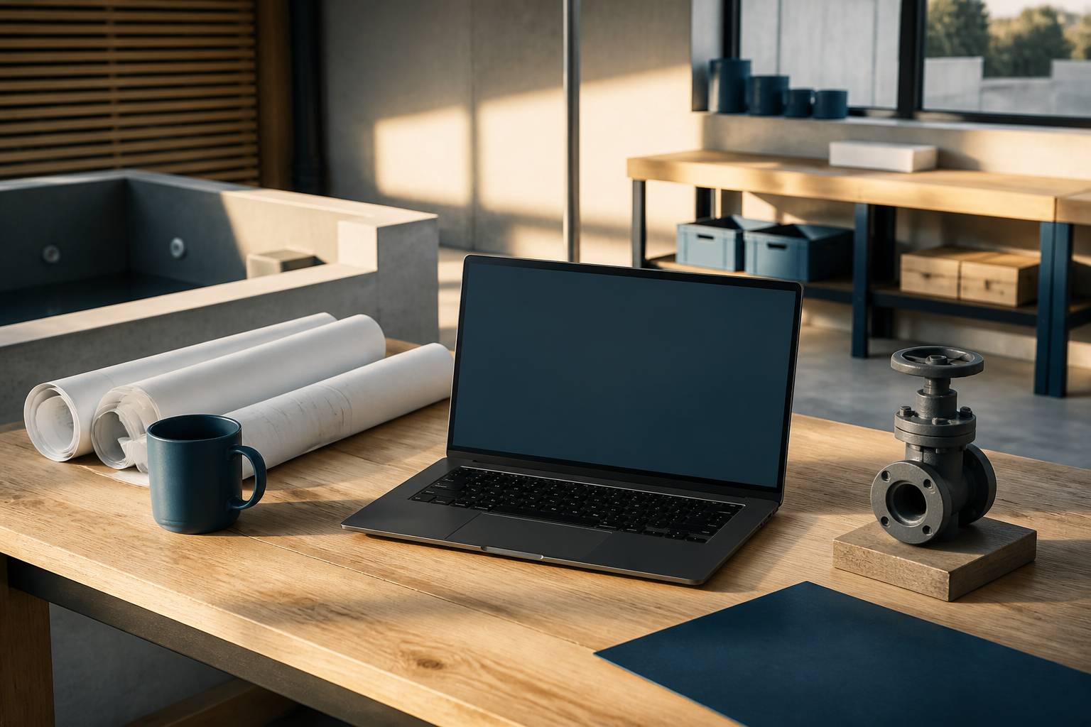 Bureau de chantier avec ordinateur portable et plans de piscine roulés