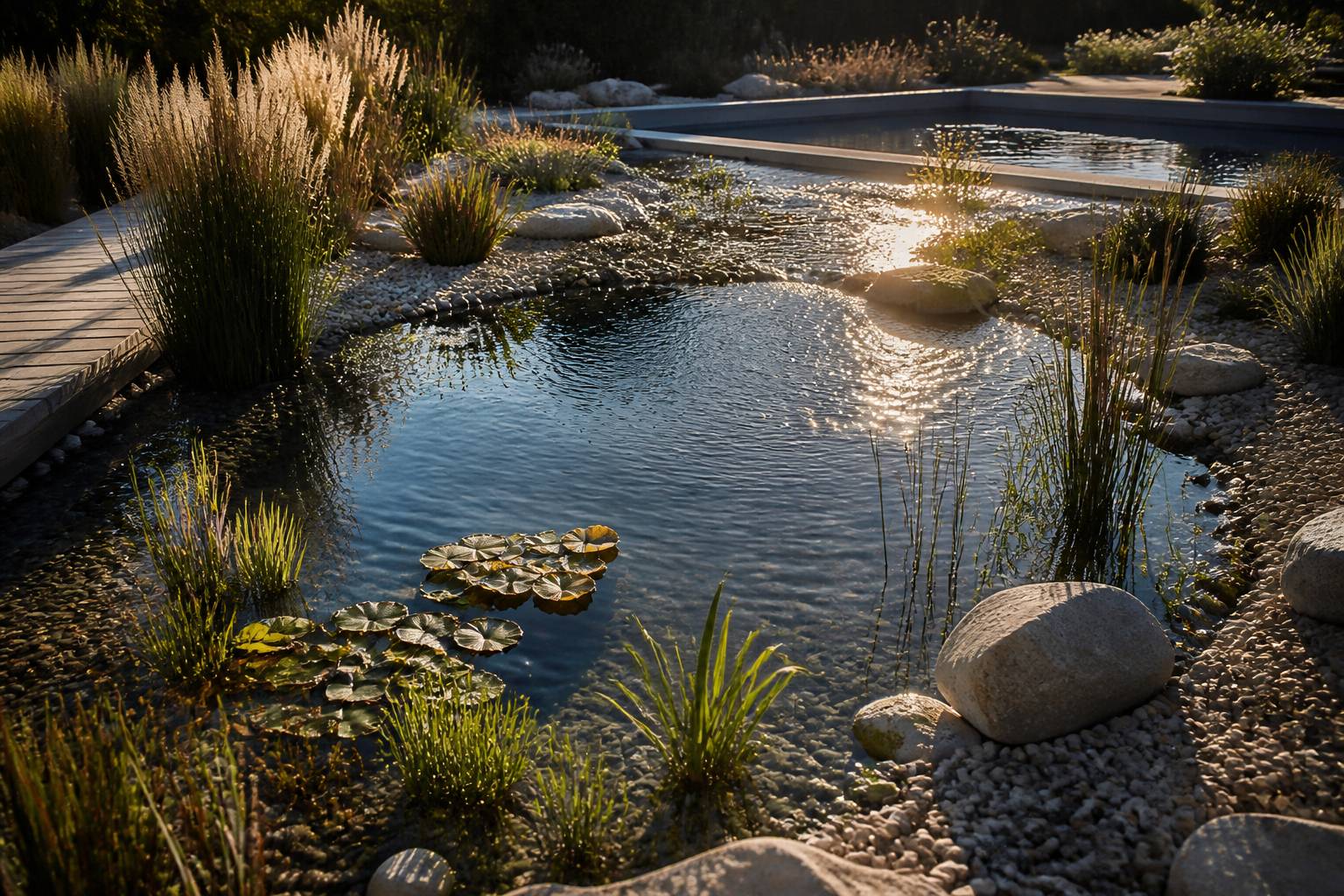 Zone de lagunage plantée d'une piscine naturelle en fin de journée