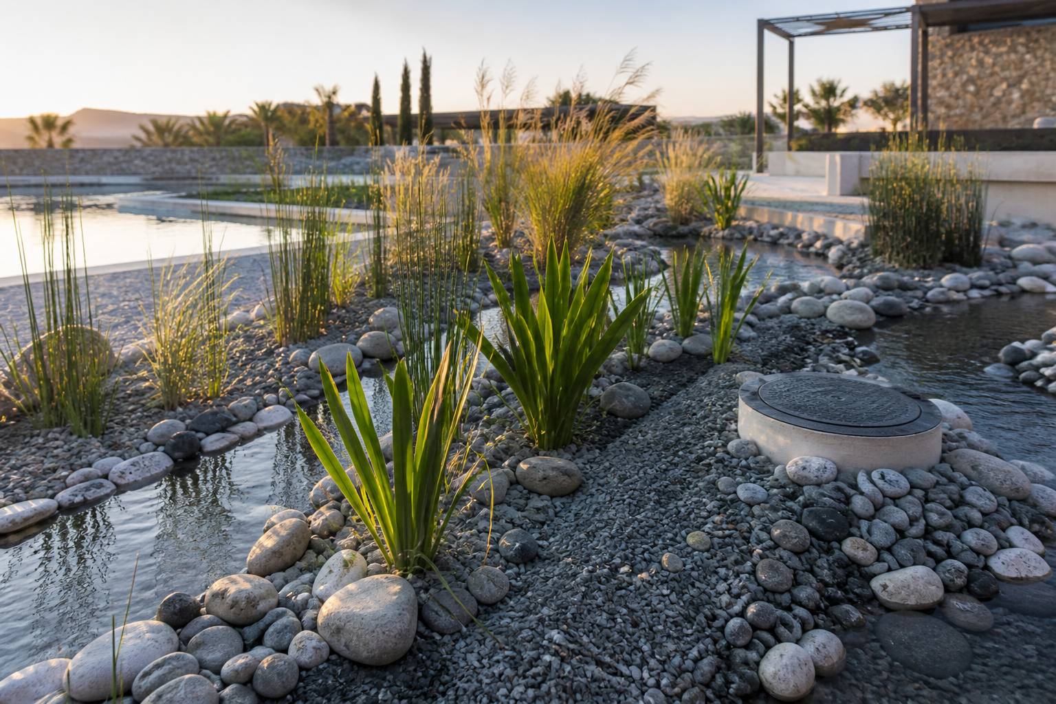 Zone de lagunage avec substrat de graviers et plantes