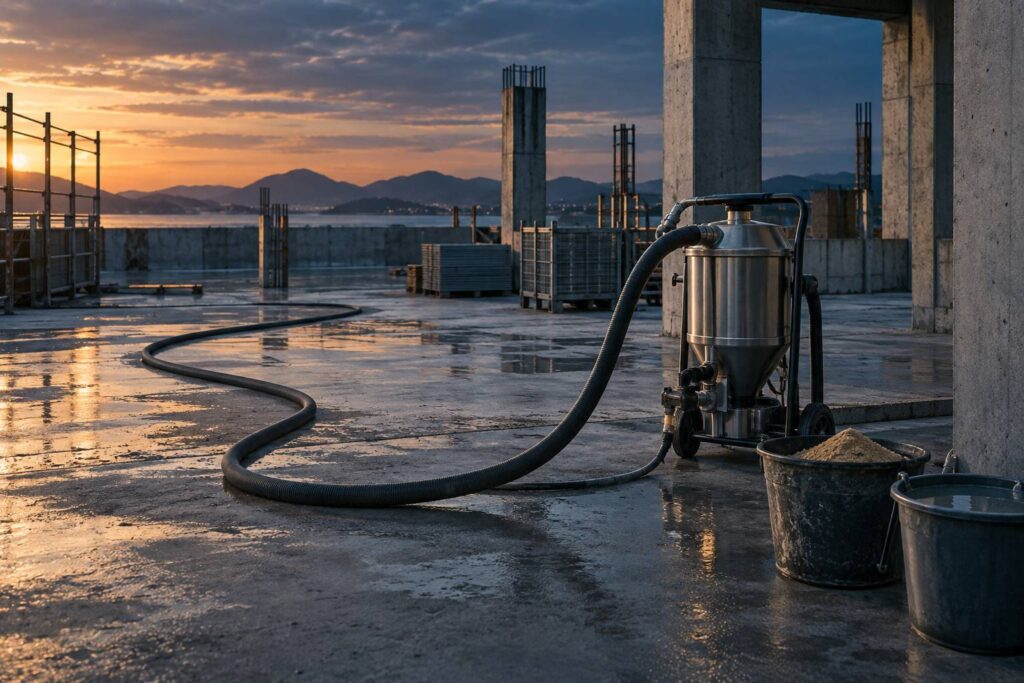 Tuyau haute pression et accessoire d'aspiration sur un chantier en fin de journée