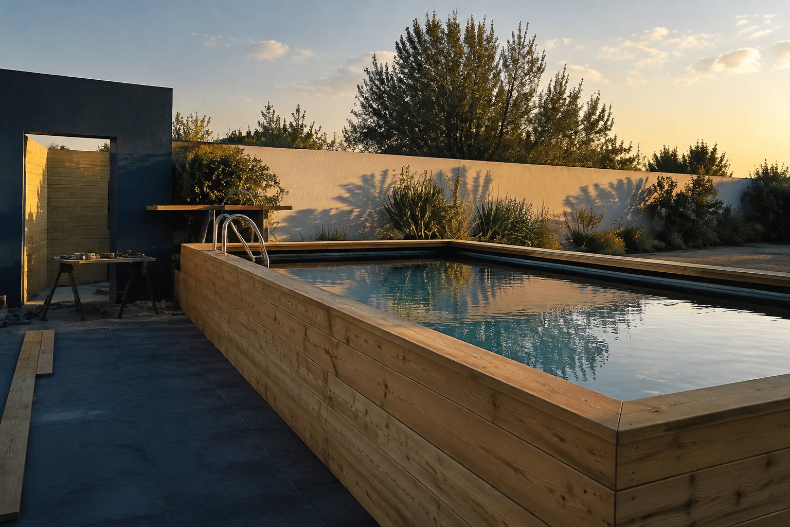 Bassin de piscine en bois en cours de remplissage