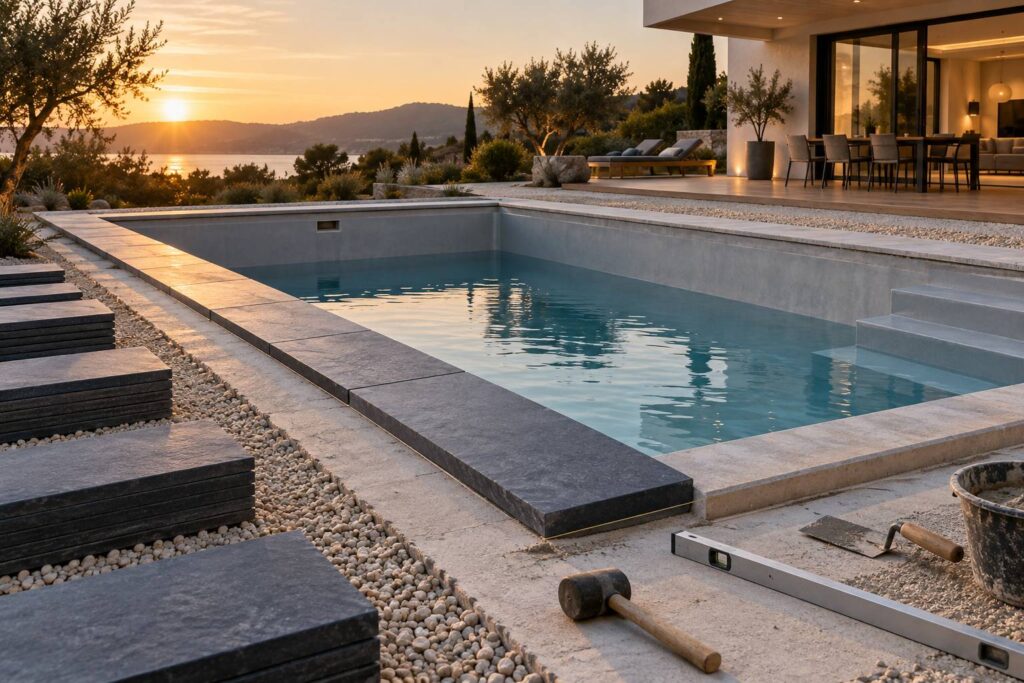 Illustration éditoriale du sujet : Comment installer une margelle parfaite autour de votre piscine