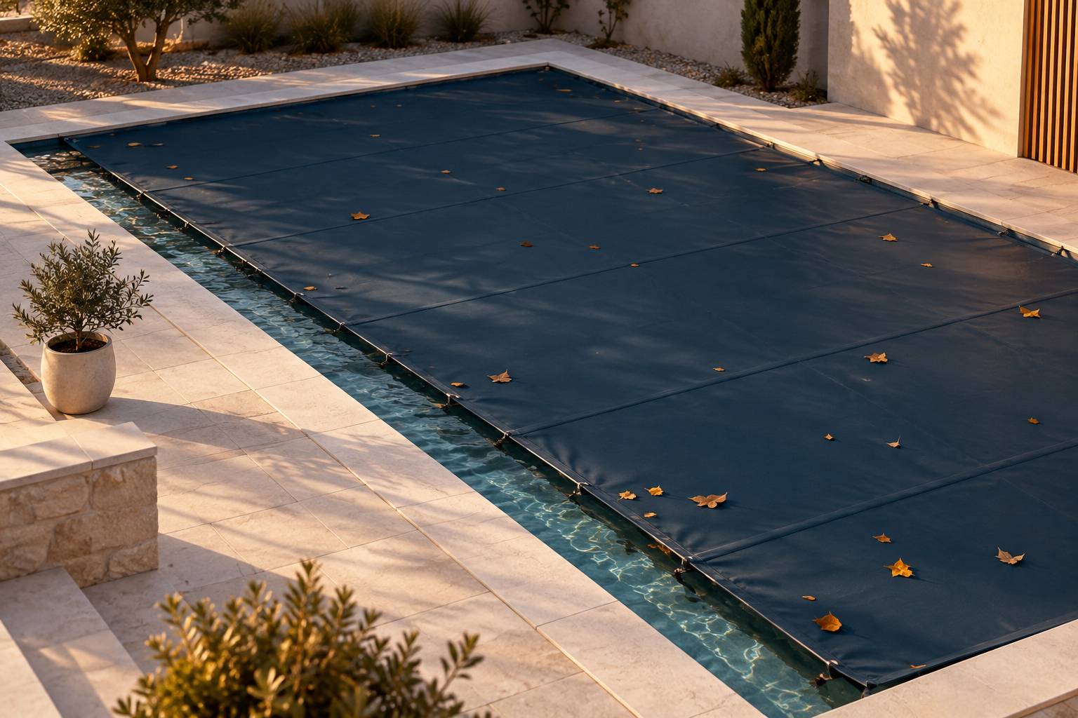 Piscine couverte avec bache posee et feuilles retenues en surface
